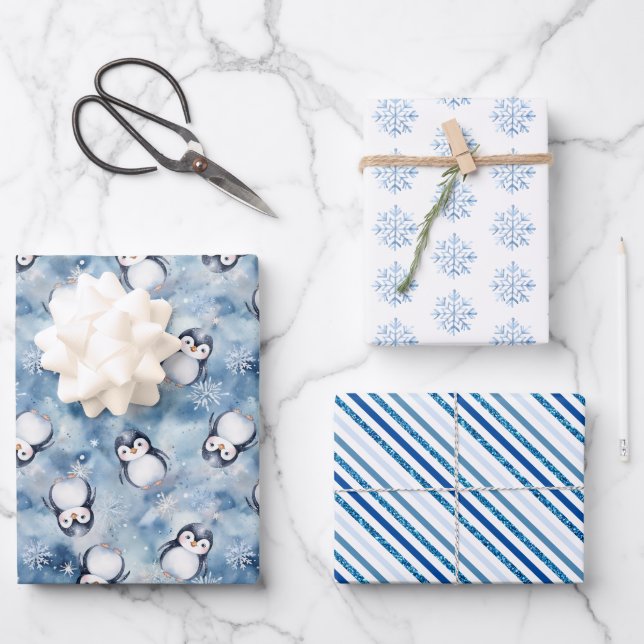 Blue Penguin Baby Shower Gift Wrap Sheets (Front)
