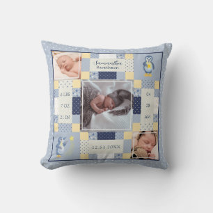 Blue Penguin Quilt Baby Birth Stats Personalised Cushion