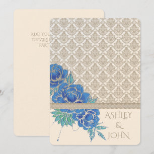 BLUE PEONIES & DAMASK ~ Invitation Card