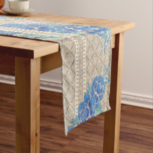 BLUE PEONIES & DAMASK ~ Table Runner