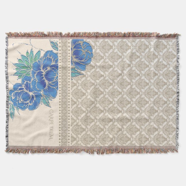 BLUE PEONIES & DAMASK - Throw Blanket (Front)