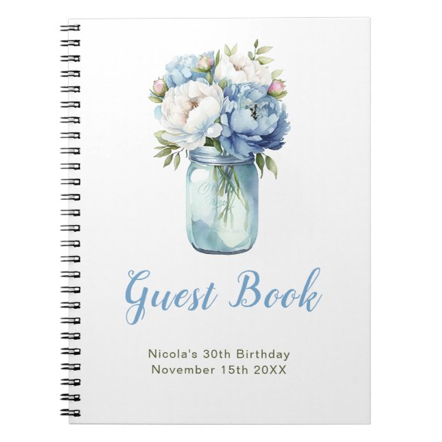 Blue Peonies Mason Jar Birthday Party Guest Book (Front)