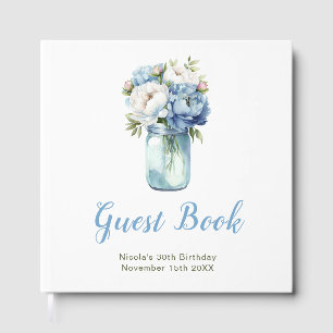 Blue Peonies Mason Jar Birthday Party Guest Book