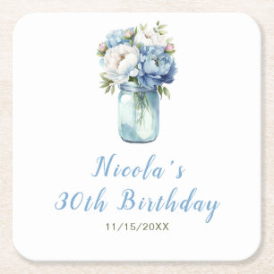 Blue Peonies Mason Jar Birthday Square Paper Coaster