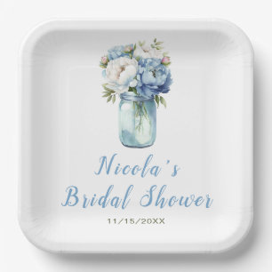 Blue Peonies Mason Jar Bridal Shower Paper Plate