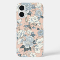 Blue Peonies Peach Botanical Vintage Floral