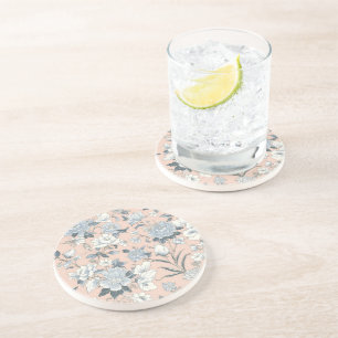 Blue Peonies Peach Botanical Vintage Floral Coaster
