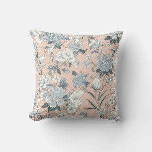 Blue Peonies Peach Botanical Vintage Floral Cushion