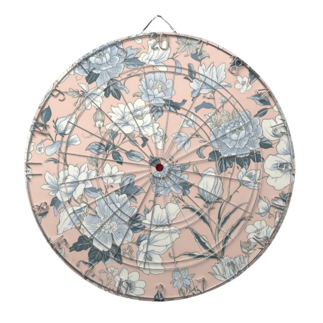 Blue Peonies Peach Botanical Vintage Floral Dartboard (Front)