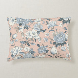 Blue Peonies Peach Botanical Vintage Floral Decorative Cushion