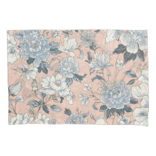 Blue Peonies Peach Botanical Vintage Floral Pillowcase