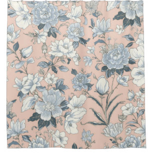 Blue Peonies Peach Botanical Vintage Floral Shower Curtain