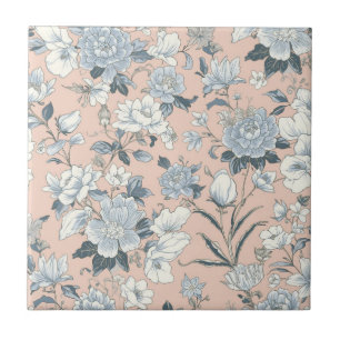 Blue Peonies Peach Botanical Vintage Floral Tile