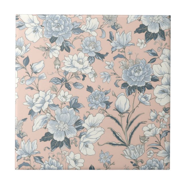 Blue Peonies Peach Botanical Vintage Floral Tile (Front)