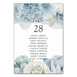 Blue Peonies Wedding Table Number