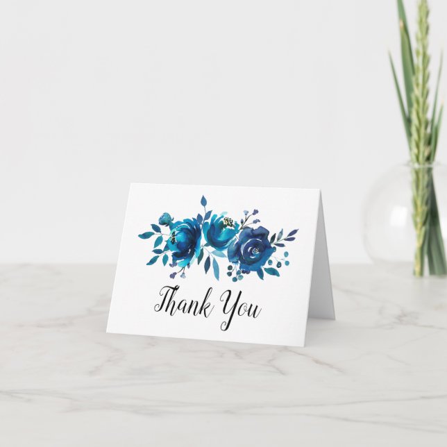 Blue Peonies Wedding Thank You Card (Front)