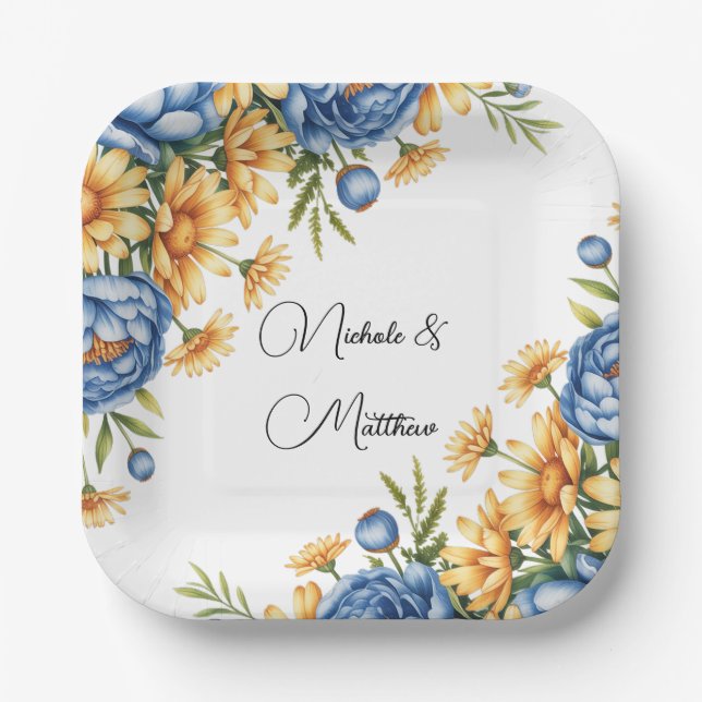 Blue Peony and Yellow Daisies Arrangement Wedding Paper Plate (Front)