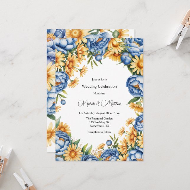 Blue Peony and Yellow Daisies Wedding Celebration  Invitation (Front/Back In Situ)