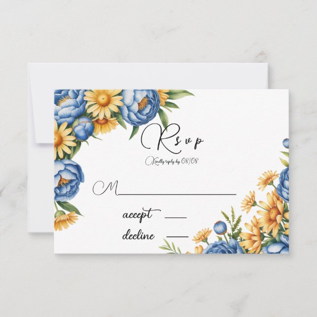 Blue Peony and Yellow Daisies Wedding RSVP Card (Front)