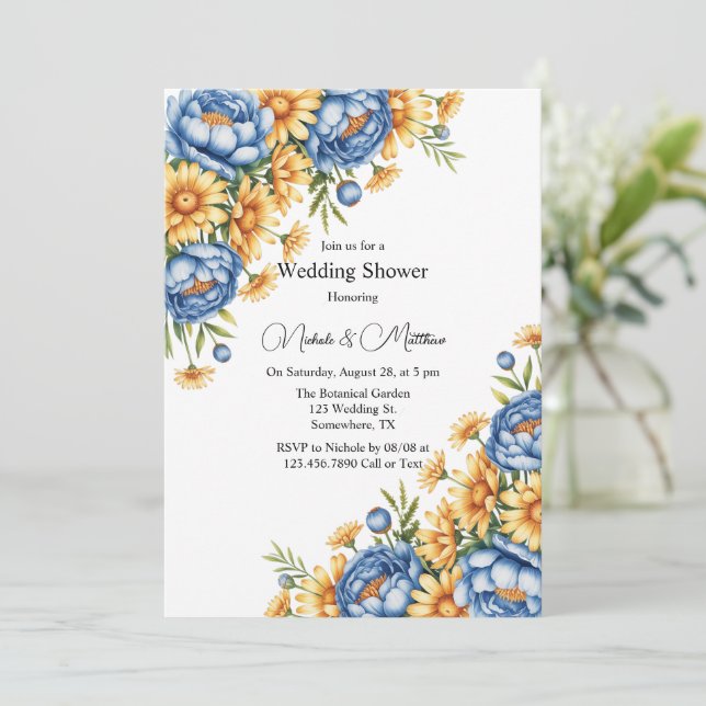 Blue Peony and Yellow Daisies Wedding Shower Invitation (Standing Front)