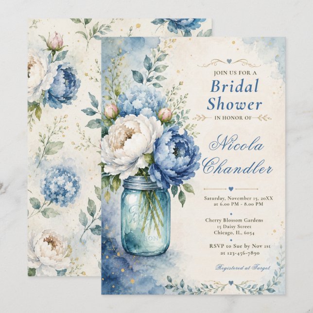 Blue Peony Bridal Shower Invitation (Front/Back)