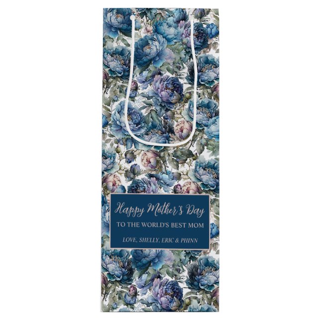 Blue peony floral pattern Happy Mother's Day Wine Gift Bag (Front)