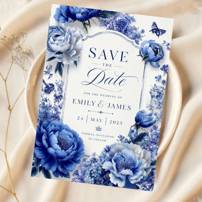 Blue Peony Floral Save The Date (Creator Uploaded)