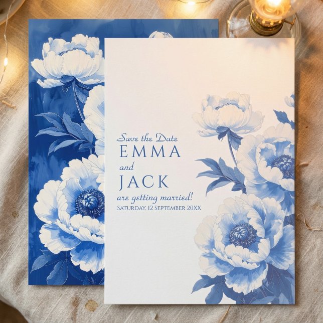 Blue Peony Floral Save the Date Wedding Invitation (Blue Peony Floral Save the Date Wedding Invitation)