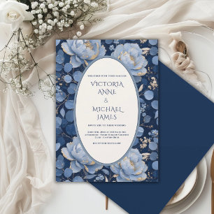 Blue Peony Floral Vintage Gold Wedding Invitation