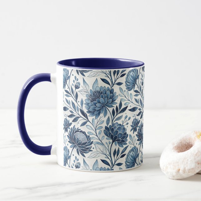 Blue Peony Garden Watercolor Mug (With Donut)