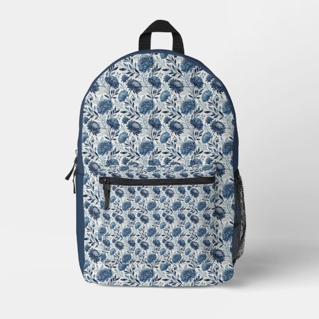 Blue Peony Garden Watercolor Printed Backpack (Front)