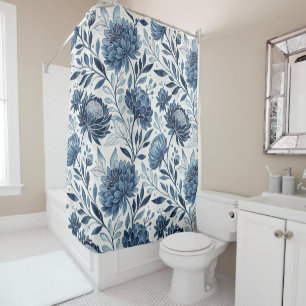 Blue Peony Garden Watercolor Shower Curtain