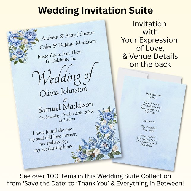 Blue Peony on Blue Wedding Suite Invitation  (Creator Uploaded)