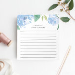 Blue Peony | Personalised Lined Notepad<br><div class="desc">Chic floral notepad features a top border of watercolor peony flowers in soft shades of blue with lush green leaves. Personalise with two lines of custom text in modern lettering; shown with the French greeting "bonjour" and your name. Lined.</div>