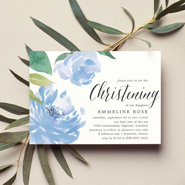 Blue Peony | Watercolor Floral Christening Invitation (Creator Uploaded)