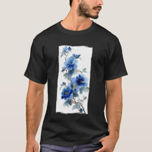 Blue Peony Watercolor Flower Japanese Ink Wash Sty T-Shirt
