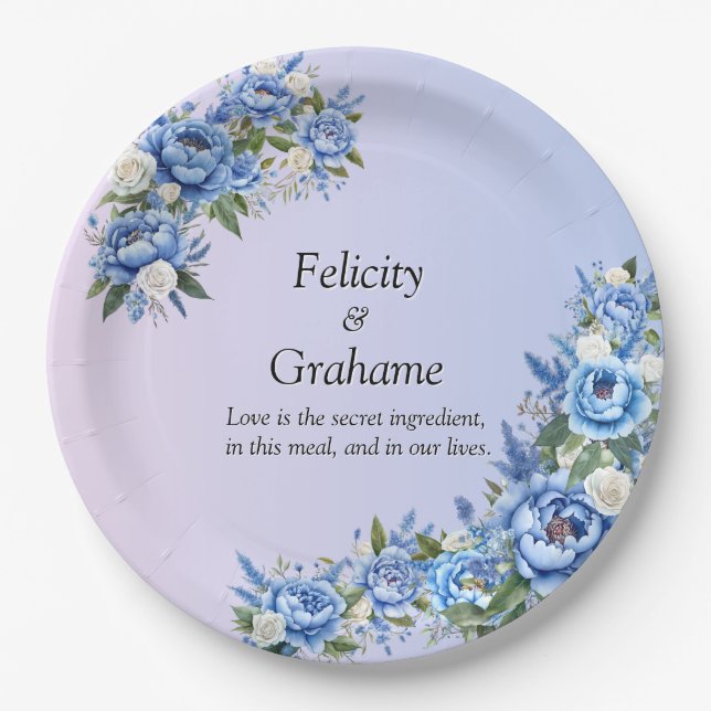 Blue Peony Wedding Suite 9" Paper Plate (Front)