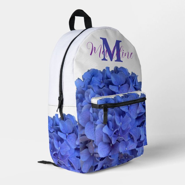 Blue periwinkle elegant floral hydrangeas monogram printed backpack (Back Corner Left)
