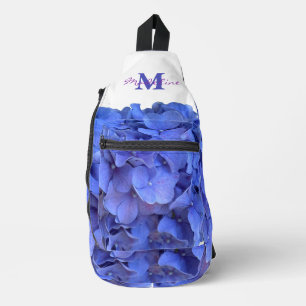 Blue periwinkle elegant floral hydrangeas monogram sling bag