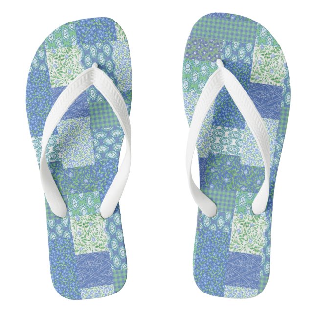Blue Periwinkle Floral Boho Faux Patchwork Pattern Jandals (Footbed)