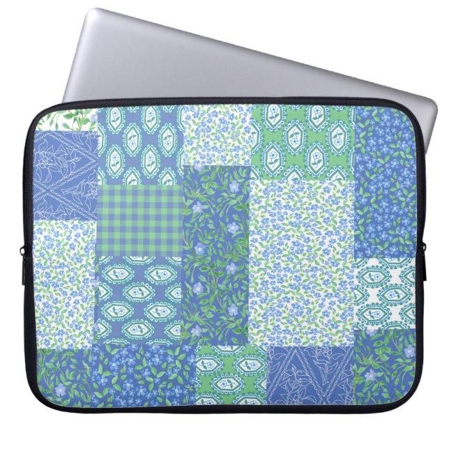 Blue Periwinkle Floral Boho Faux Patchwork Pattern Laptop Sleeve (Front)