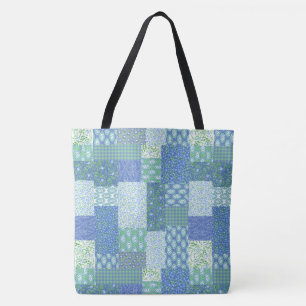 Blue Periwinkle Floral Boho Faux Patchwork Pattern Tote Bag
