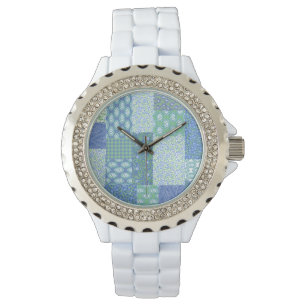 Blue Periwinkle Floral Boho Faux Patchwork Pattern Watch