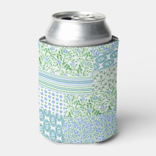 Blue Periwinkle Flowers Vintage Faux Patchwork Can Cooler