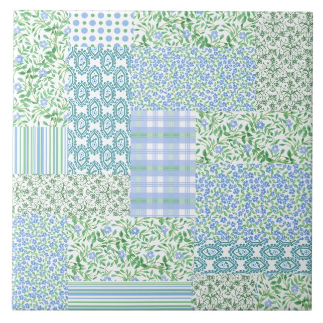 Blue Periwinkle Flowers Vintage Faux Patchwork Tile (Front)