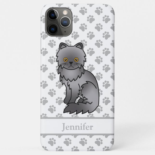 Blue Persian Cute Cartoon Cat & Name Case-Mate iPhone Case (Back)