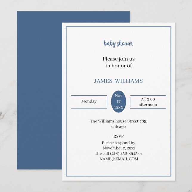 Blue Personalised Baby Shower Invitation (Front/Back)