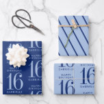 Blue Personalised Custom Age 16th Birthday Wrapping Paper Sheet<br><div class="desc">Shades of navy and light blue birthday gift wrapping paper with editable age number and personalised name plus a diagonal stripe accent sheet for an elegant and bold birthday present display.</div>