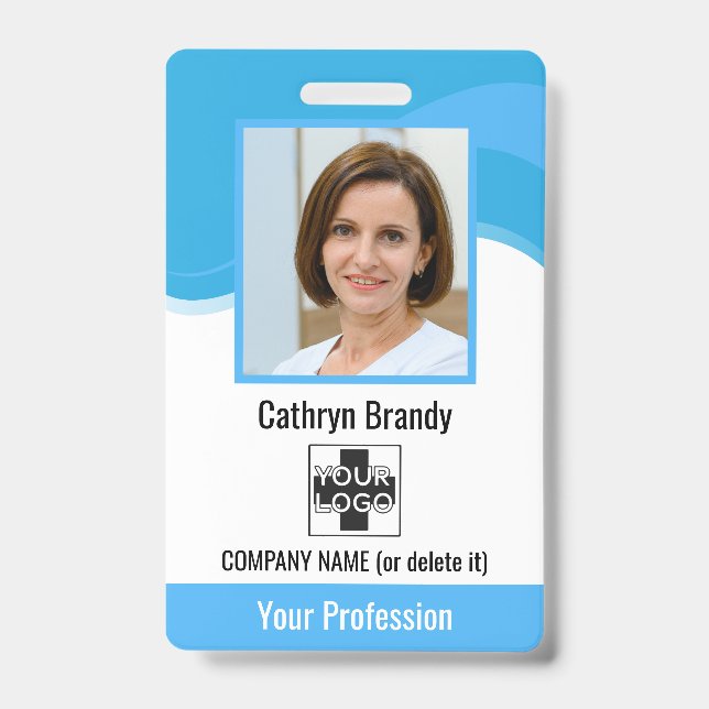 blue Personalised Employee, Photo, Bar Code & Logo ID Badge (Front)