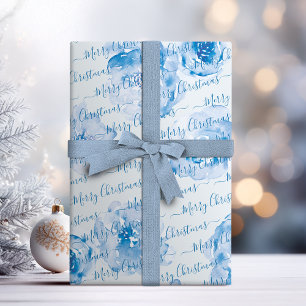 Blue Personalised Merry Christmas Script Floral Wrapping Paper